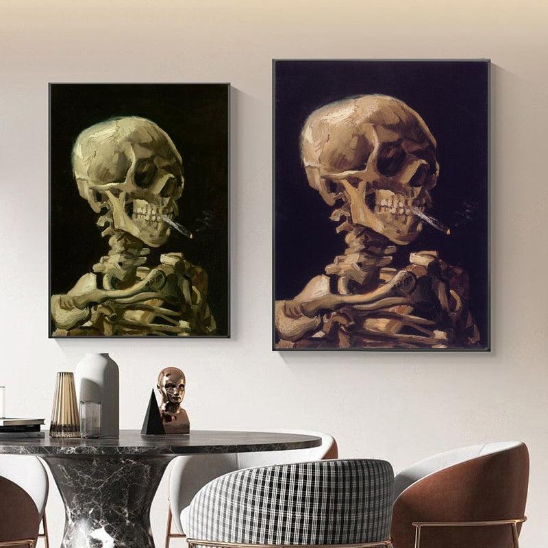 Vincent Van Gogh Inspired Skull with Cigarette Posters | Famous Interior Canvas Paintings Wall Art Pictures for Living Room Home Decoration